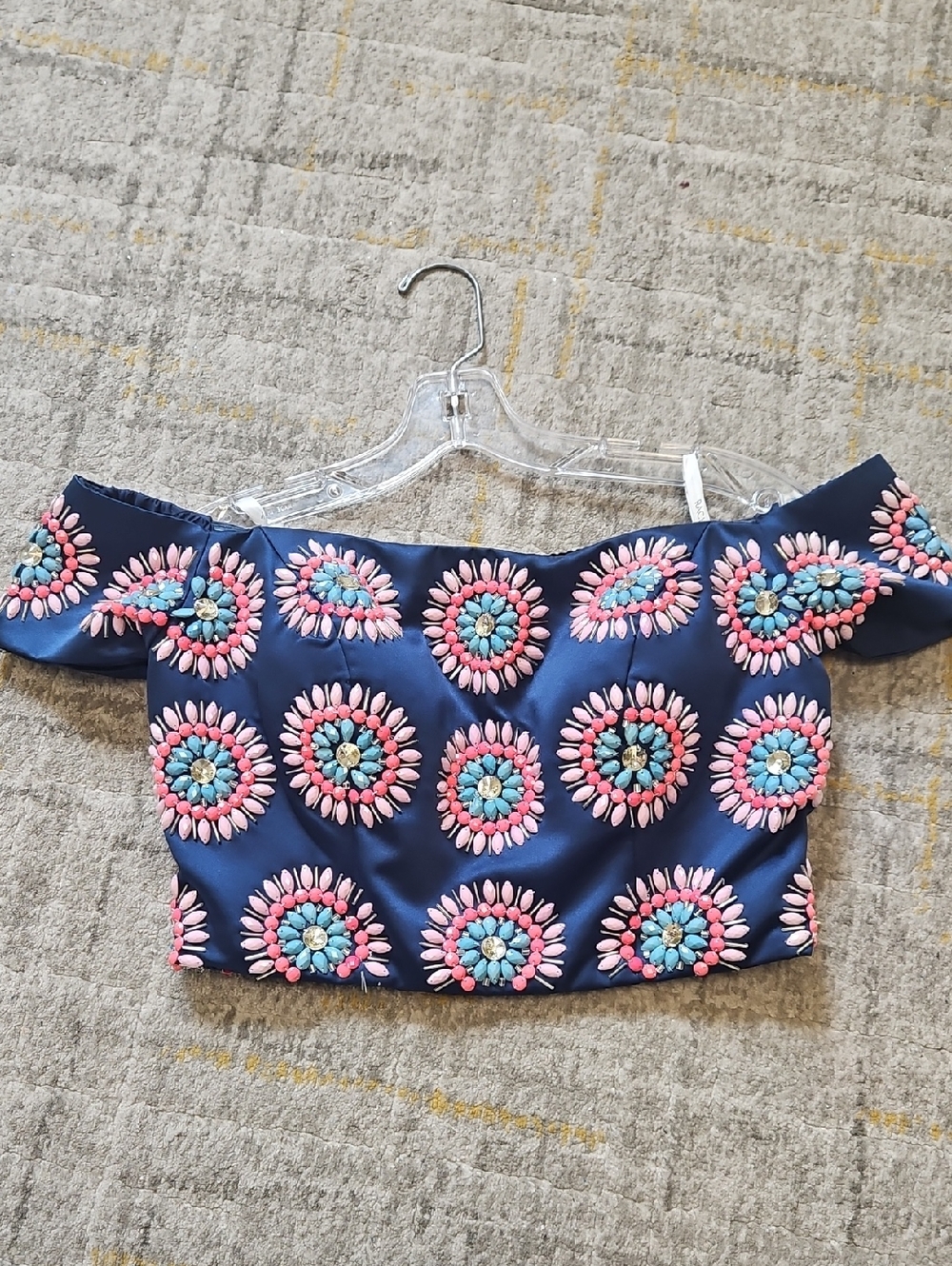 Size 8 TOP ONLY beaded navy satin Off Shoulder Crop Corset by Rachel Allan - Picture 3 of 15